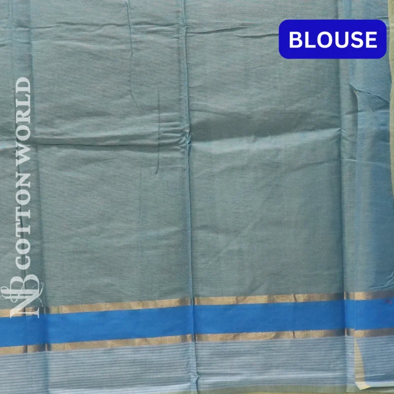 Mangalagiri plain saree with light Olive green color having thin line zari and thread woven border - Image 4
