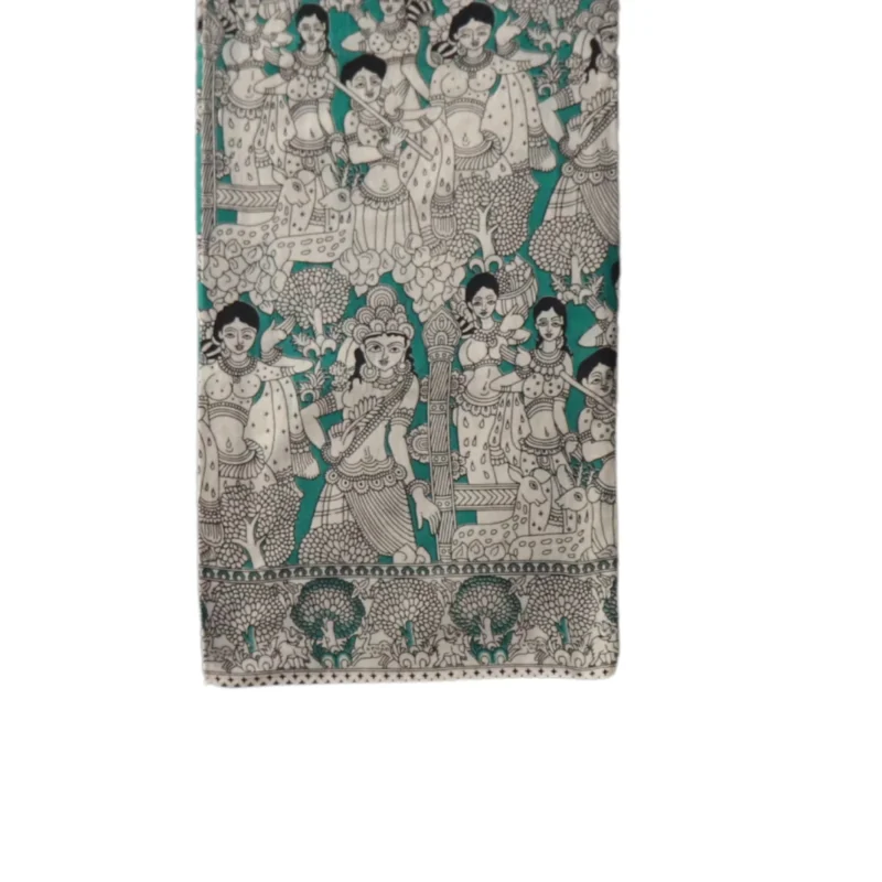 Pedana Kalamkari handblock print Cotton Saree, Traditional Handloom, Folk Art Design, 550 cm, Blue and White and attached 80CM Blouse - Image 2