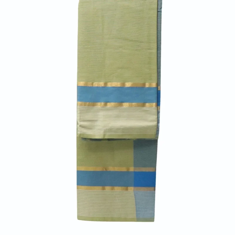 Mangalagiri plain saree with light Olive green color having thin line zari and thread woven border - Image 3