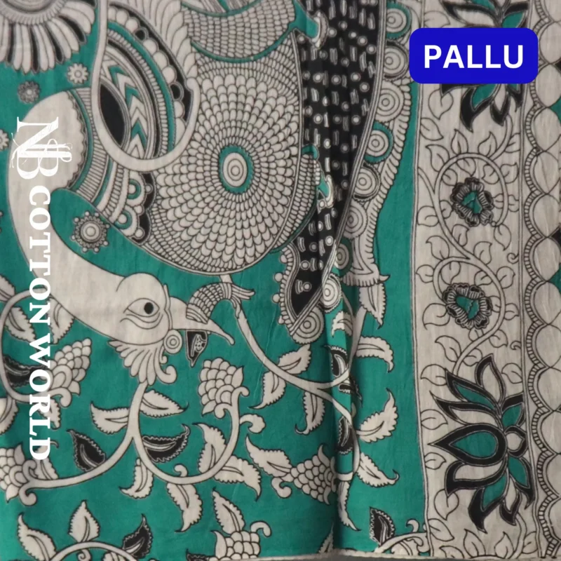 Pedana Kalamkari handblock print Cotton Saree, Traditional Handloom, Folk Art Design, 550 cm, Blue and White and attached 80CM Blouse - Image 3