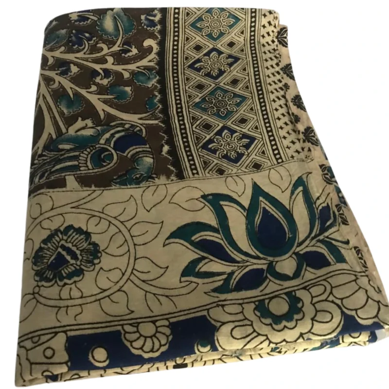 Pedana Kalamkari Cotton Saree, Traditional Handblock Print, Brown and Blue Floral Design with Geometric Border, 5.5 Metres attached 80CM Blouse - Image 5
