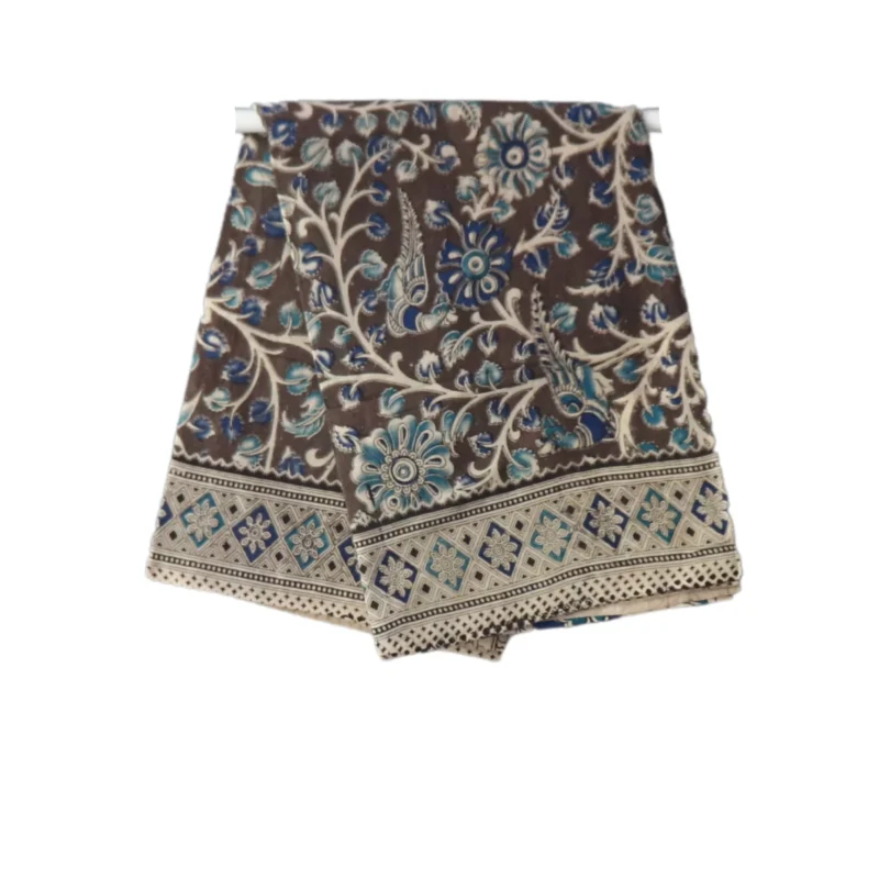 Pedana Kalamkari Cotton Saree, Traditional Handblock Print, Brown and Blue Floral Design with Geometric Border, 5.5 Metres attached 80CM Blouse